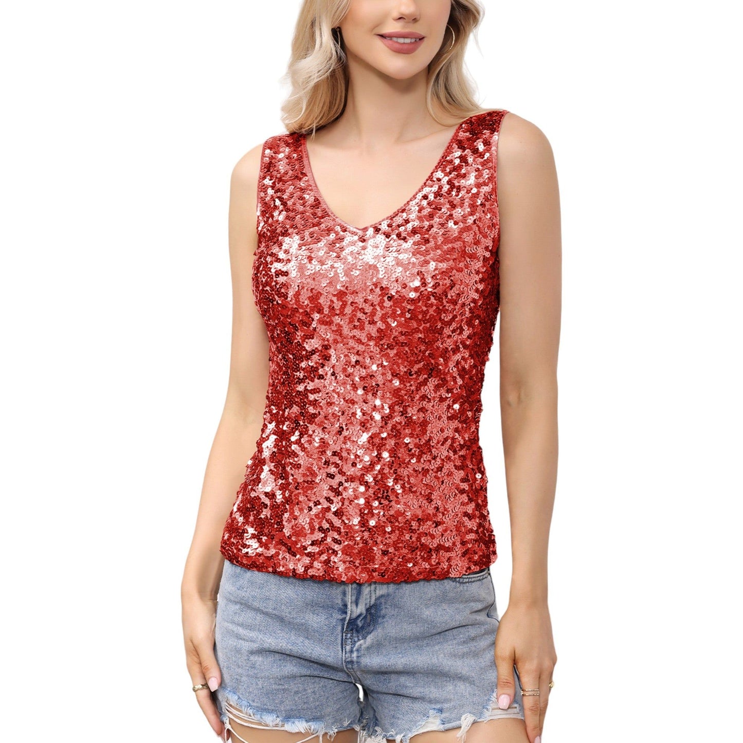 Sleeveless Sequin Tank Top V-Neck Sparkly Party Shirt