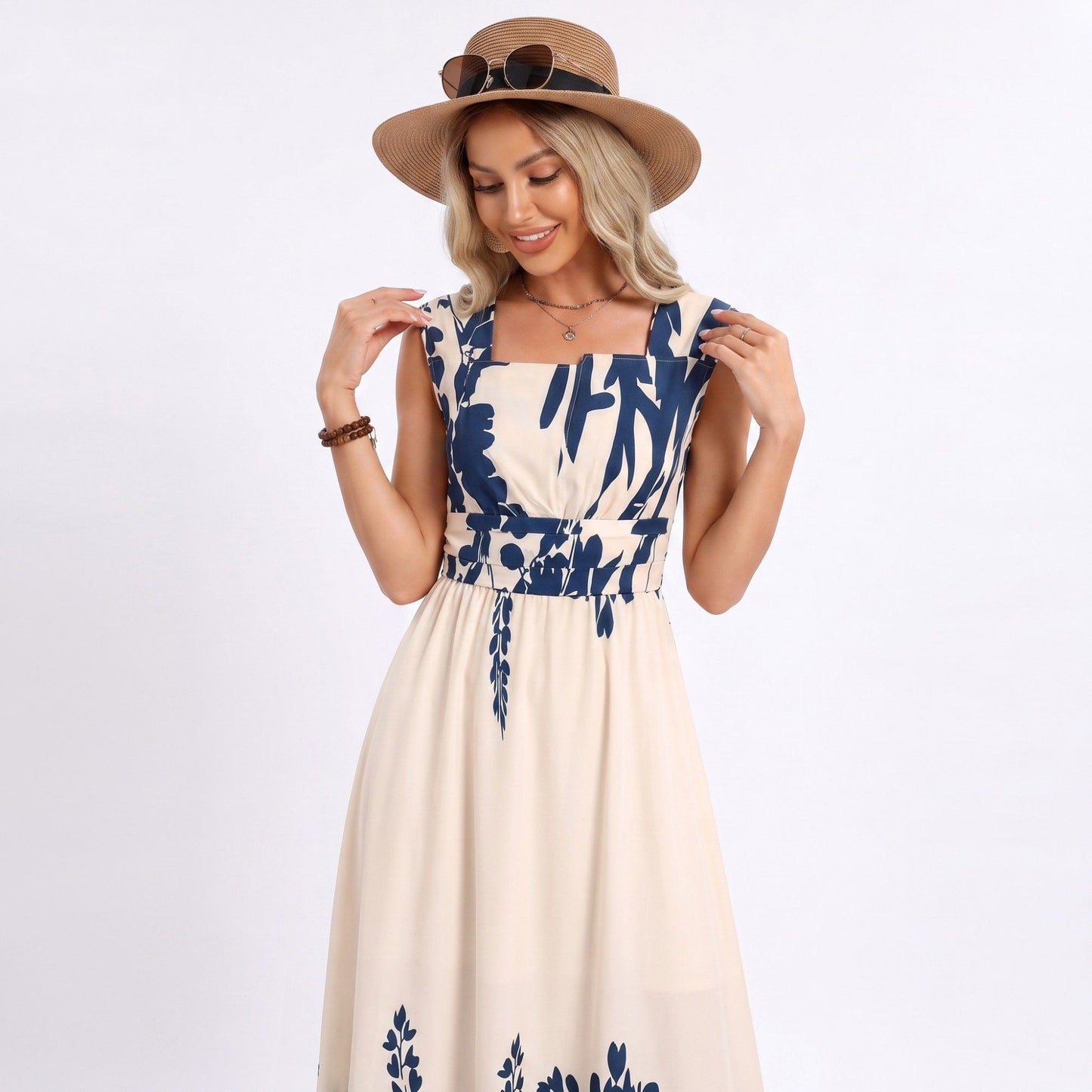 Border Print Maxi Dress Square Neck Sleeveless A Line Dress