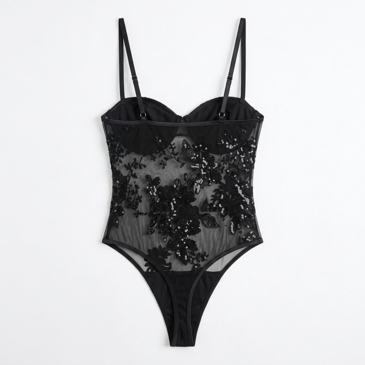 Floral Sequin Mesh Bodysuit with Underwire Cups and Adjustable Straps
