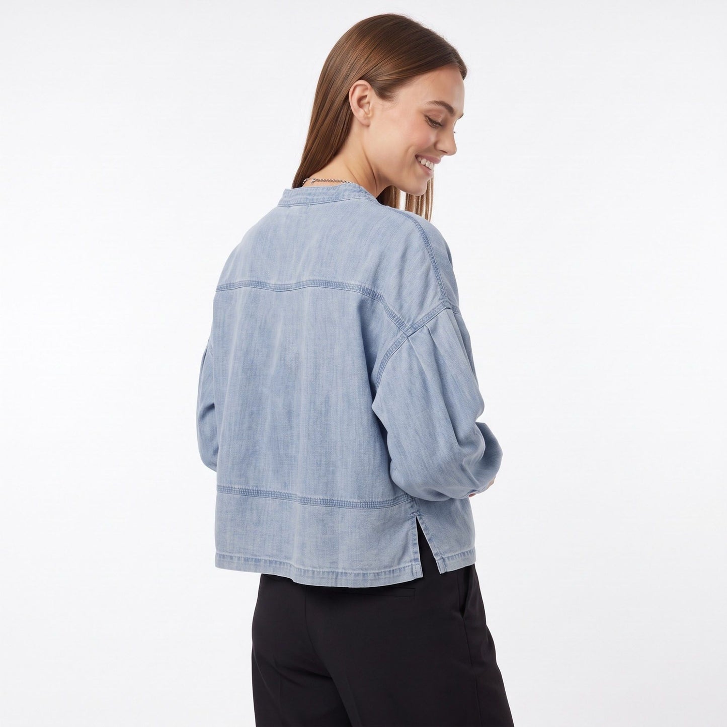 Long Sleeve Denim Pullover Top Split Neck Relaxed Fit Blouse