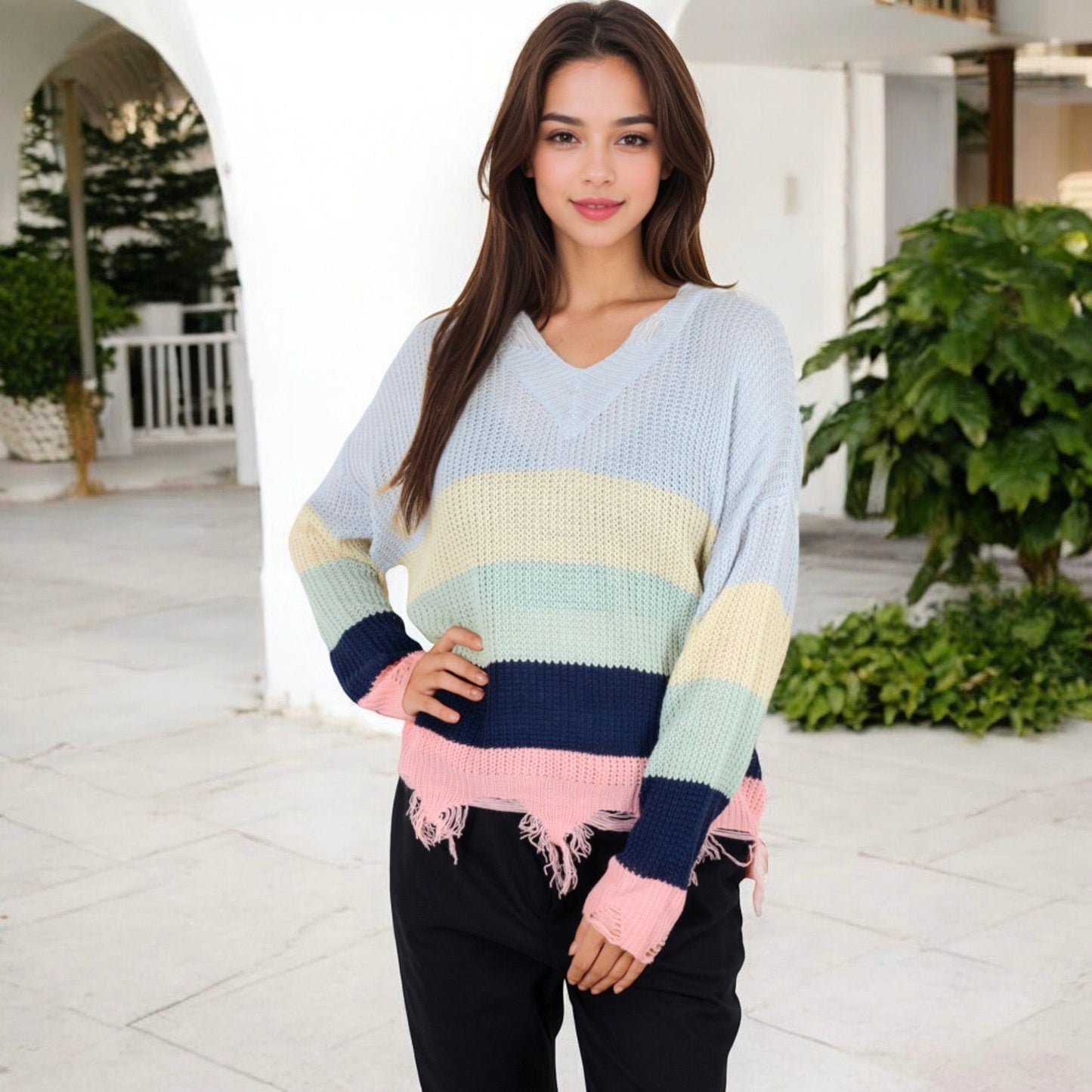 Long Sleeve Distressed Knit V-Neck Sweater with Stripes