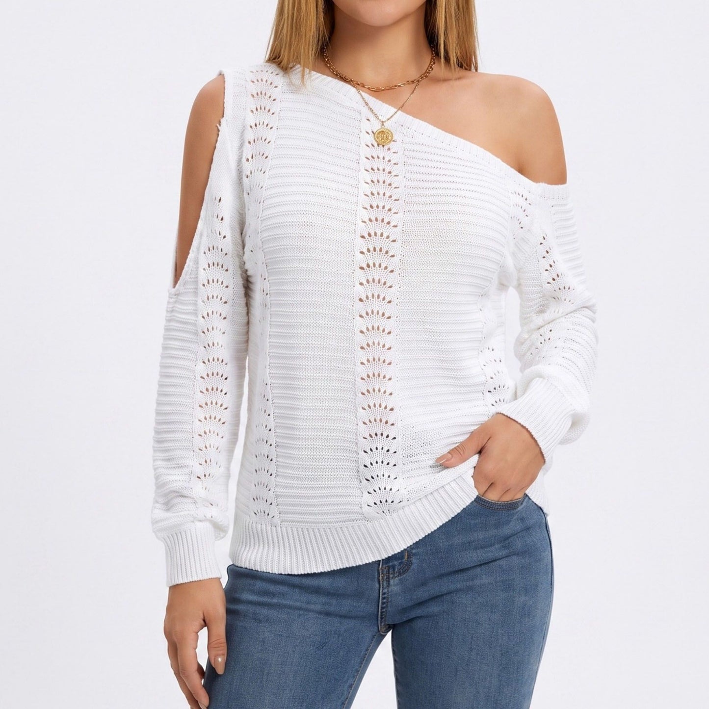 One Shoulder Cold Shoulder Pointelle Knit Long Sleeve Sweater