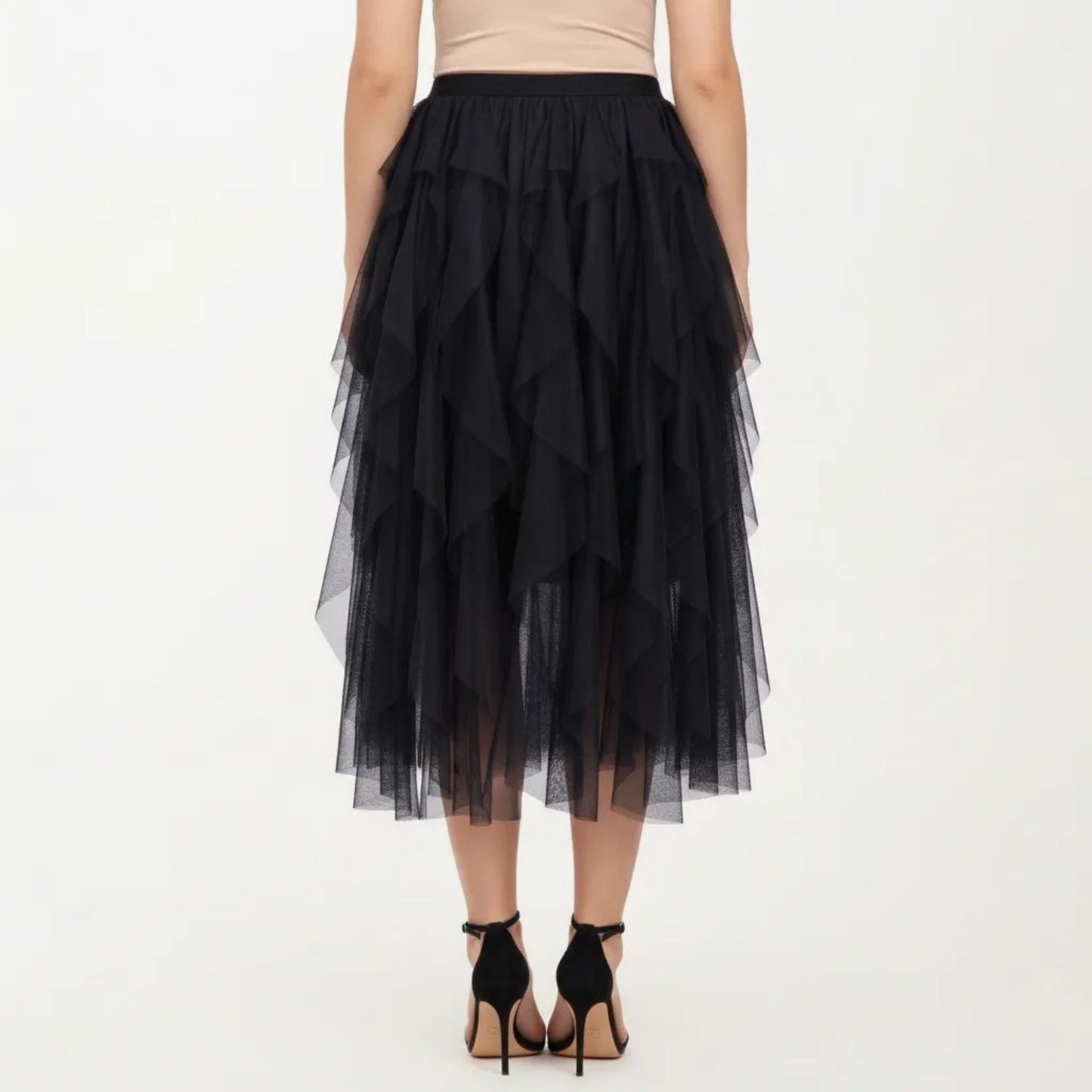 Layered Tulle Midi Skirt with Cascading Ruffle Panels and Flowing Sheer Texture Creating a Voluminous Silhouette