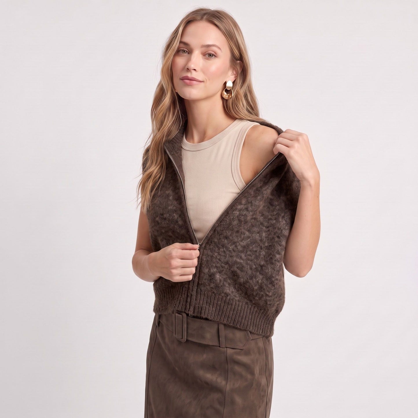 Sleeveless Full Zip Knit Sweater Vest