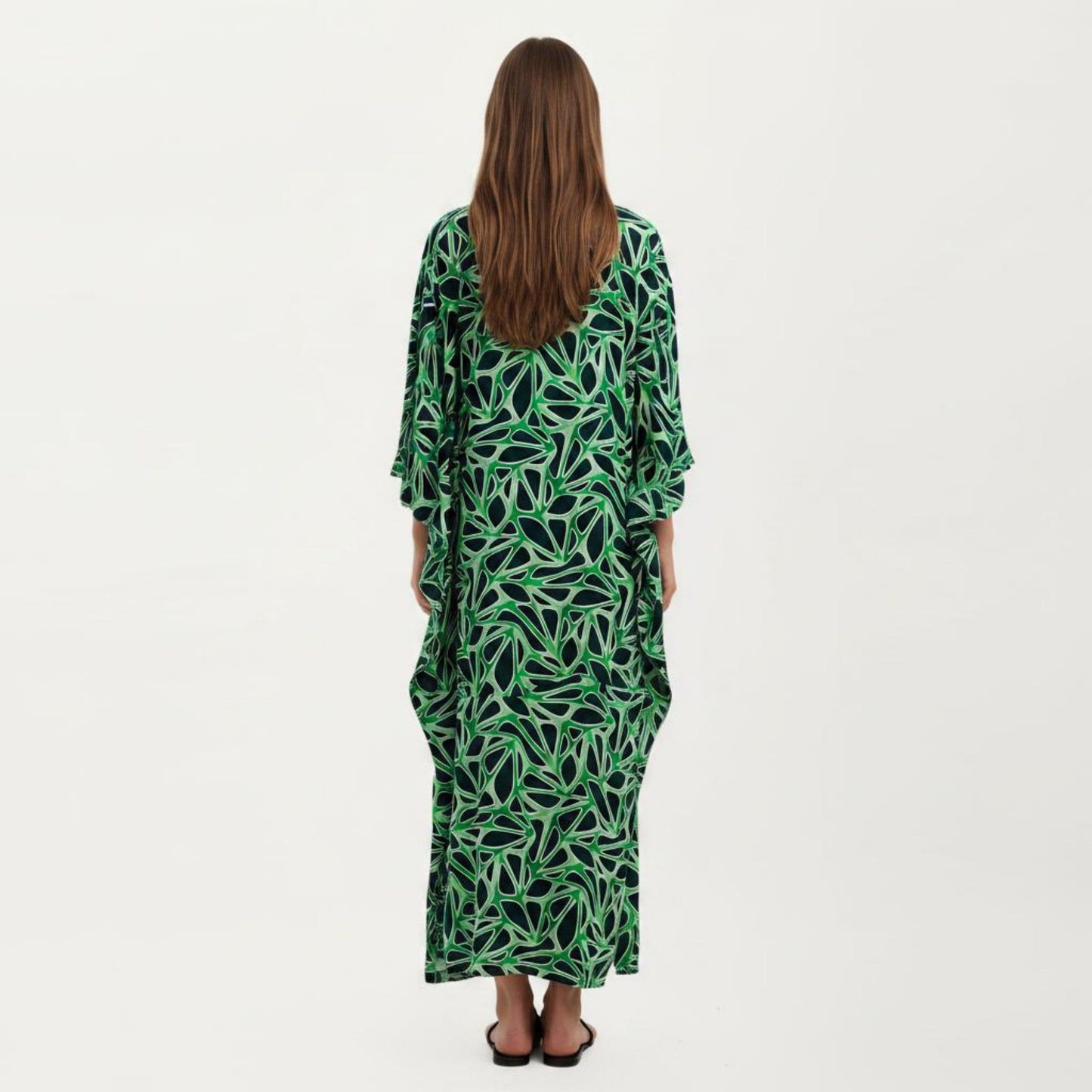 Floral Print Kaftan Maxi Dress with V-Neck Button Front and Flowy Batwing Sleeves