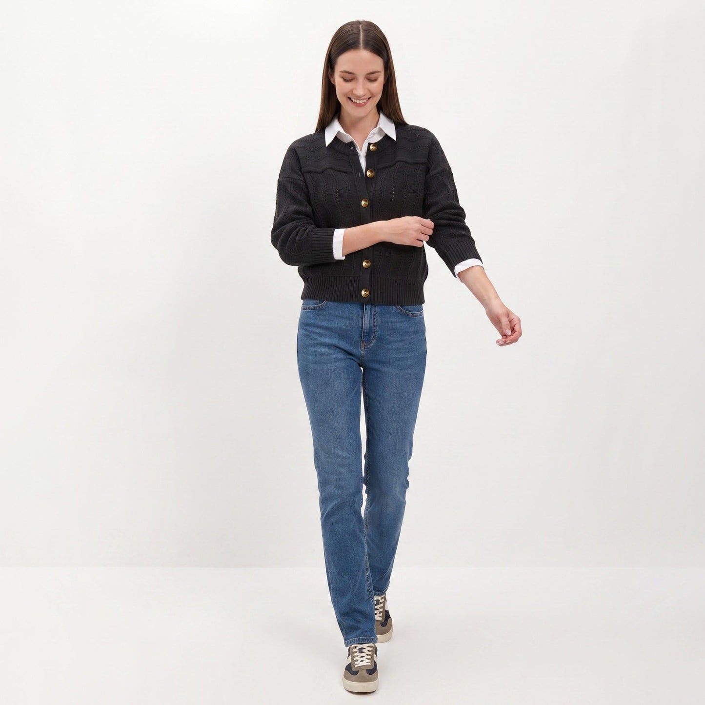 Wavy Pointelle Button-Front Long Sleeve Knit Cardigan