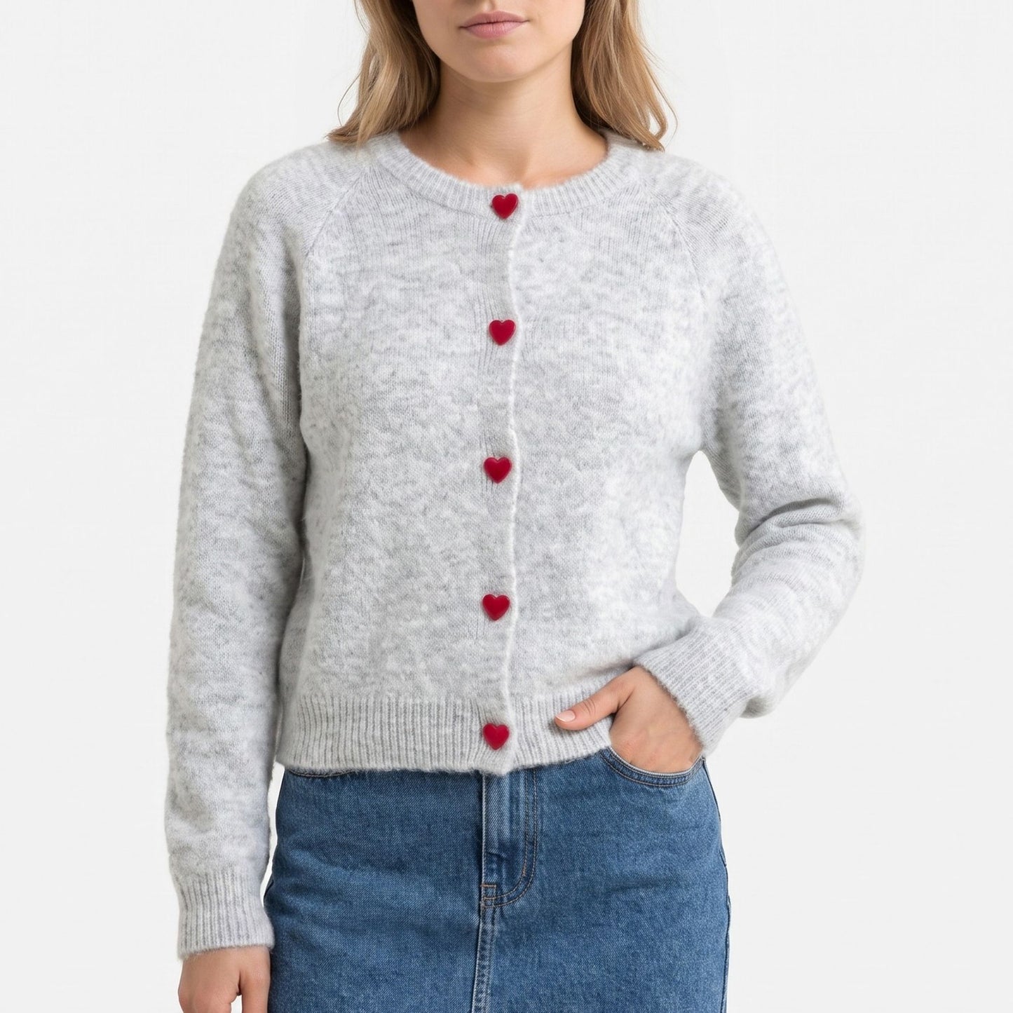 Fuzzy Knit Heart Button Crewneck Cardigan Sweater