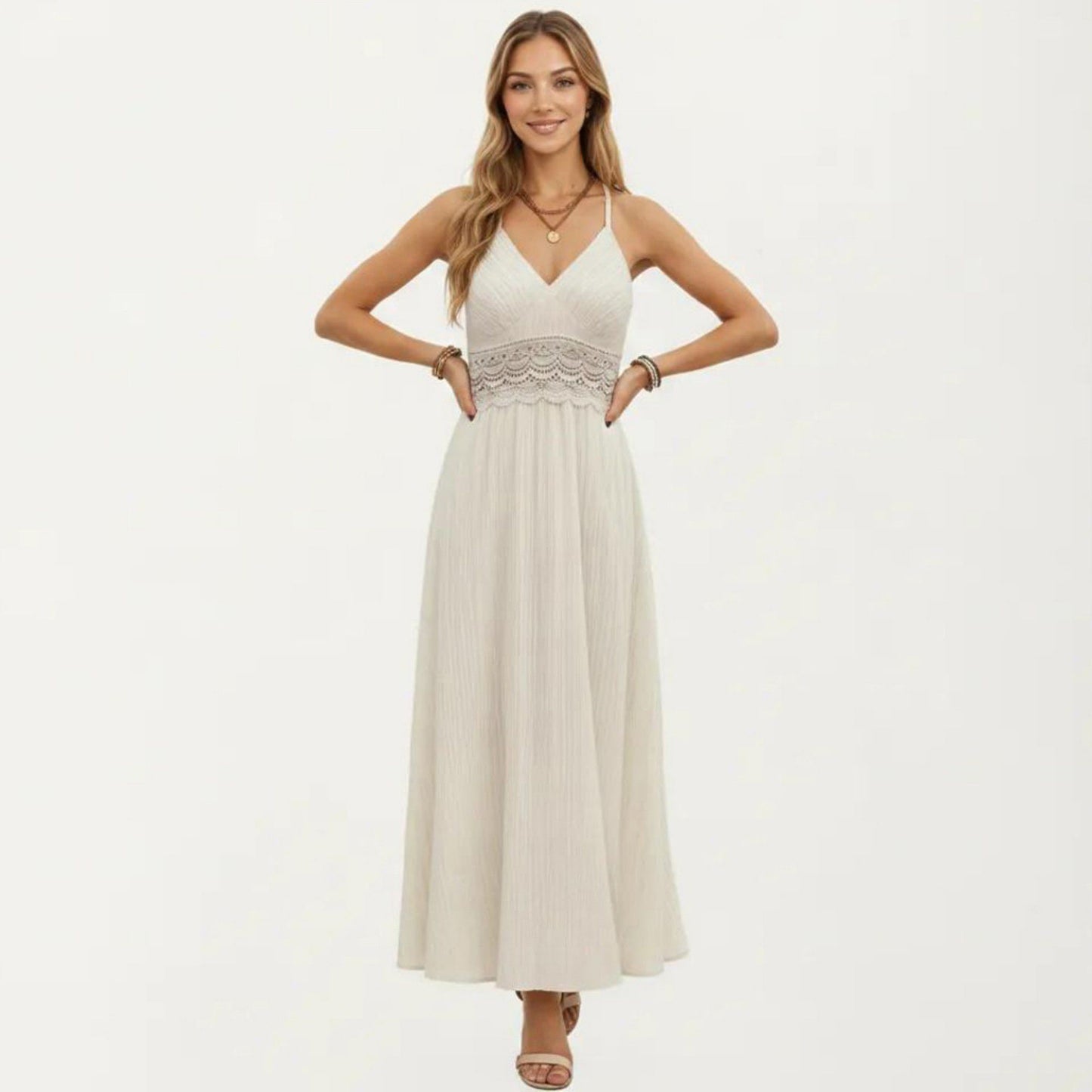 Boho Crochet Lace Inset Maxi Dress with Keyhole Back