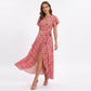 Floral Print Wrap Maxi Dress with V Neck Short Flutter Sleeves Tie Waist and Front Slit