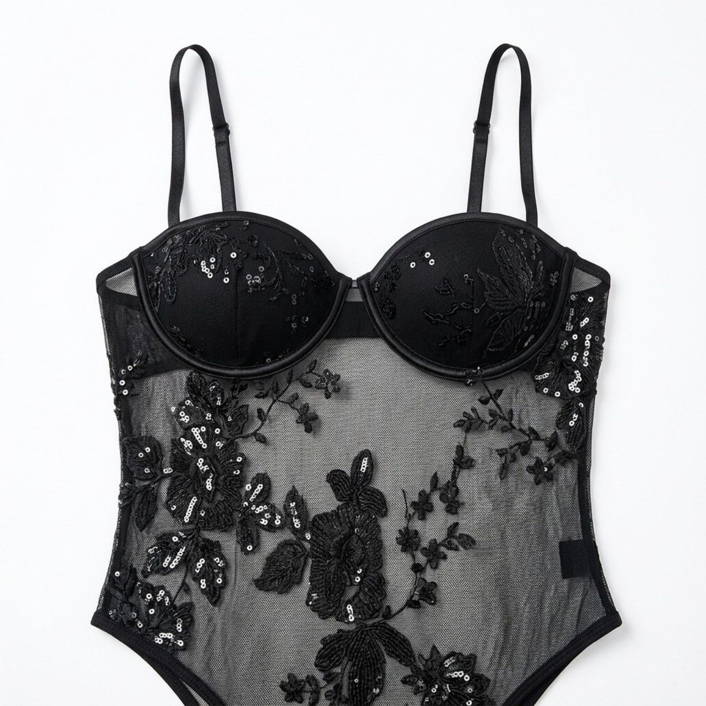 Floral Sequin Mesh Bodysuit with Underwire Cups and Adjustable Straps