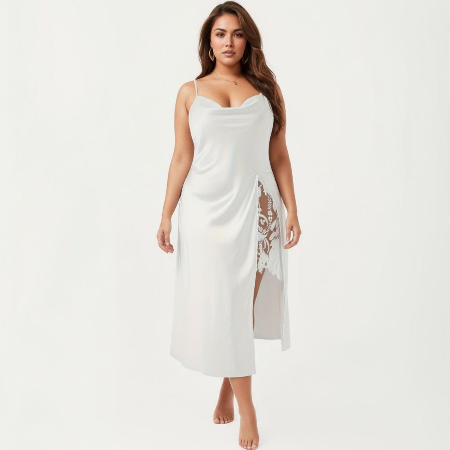Plus Size Satin Wrap Nightgown with Lace Trim Adjustable Spaghetti Straps Side Tie Midi Length Sleepwear Dress