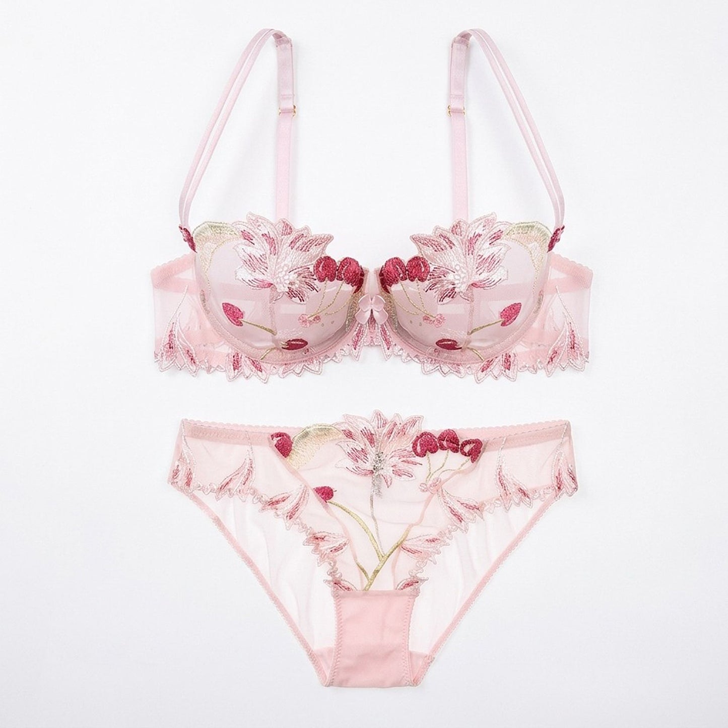 Floral Embroidered Sheer Mesh Underwire Bra and Panty Two Piece Lingerie Set