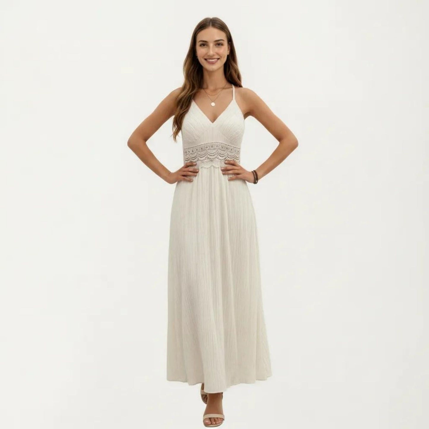Sleeveless Maxi Dress with Lace Waist Detail Adjustable Straps Flowy Long Skirt Design