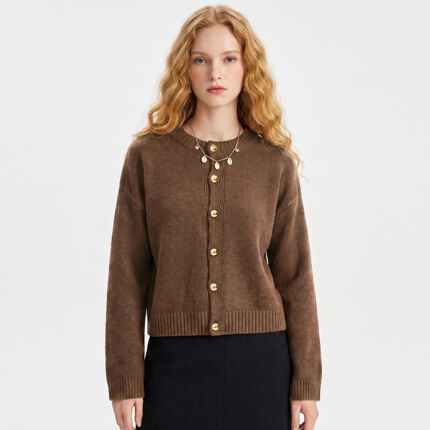 Gold Button Crewneck Cardigan Sweater