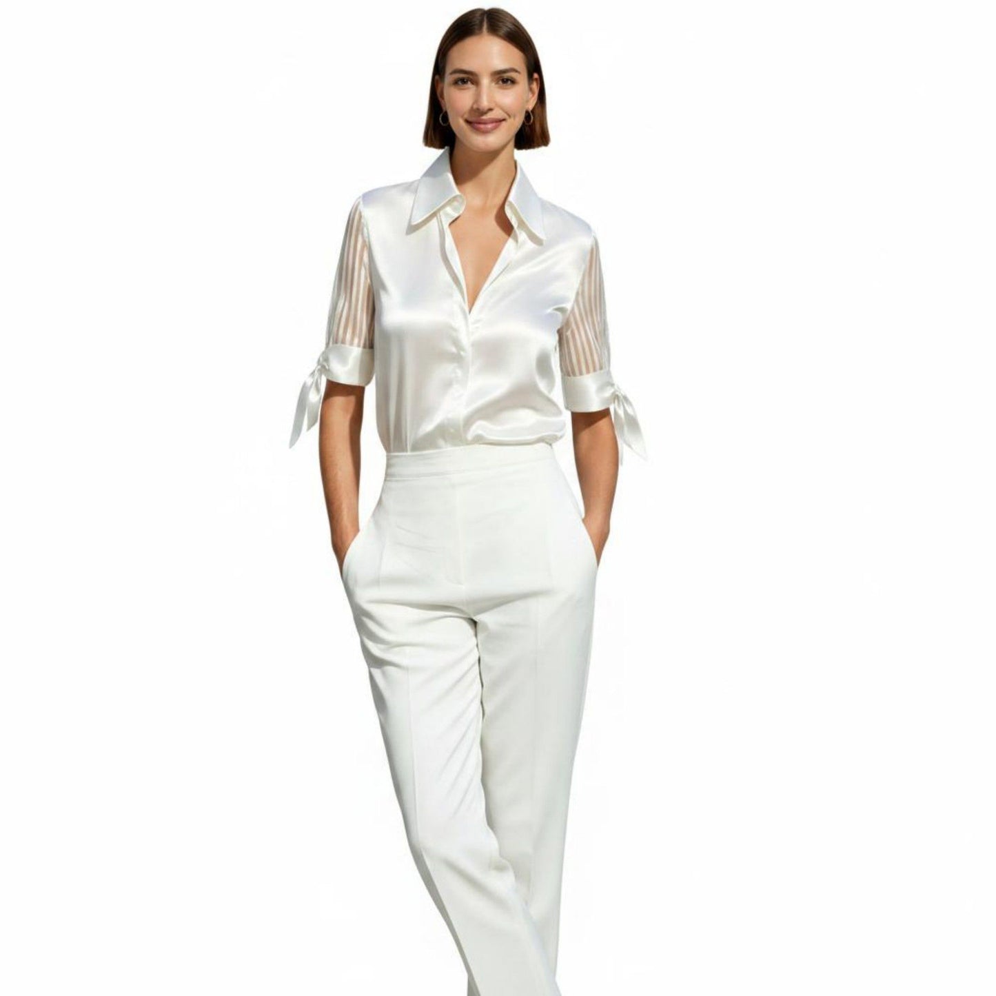 Satin Collared Blouse with Sheer Stripe Sleeves and Bow Tie Cuffs
