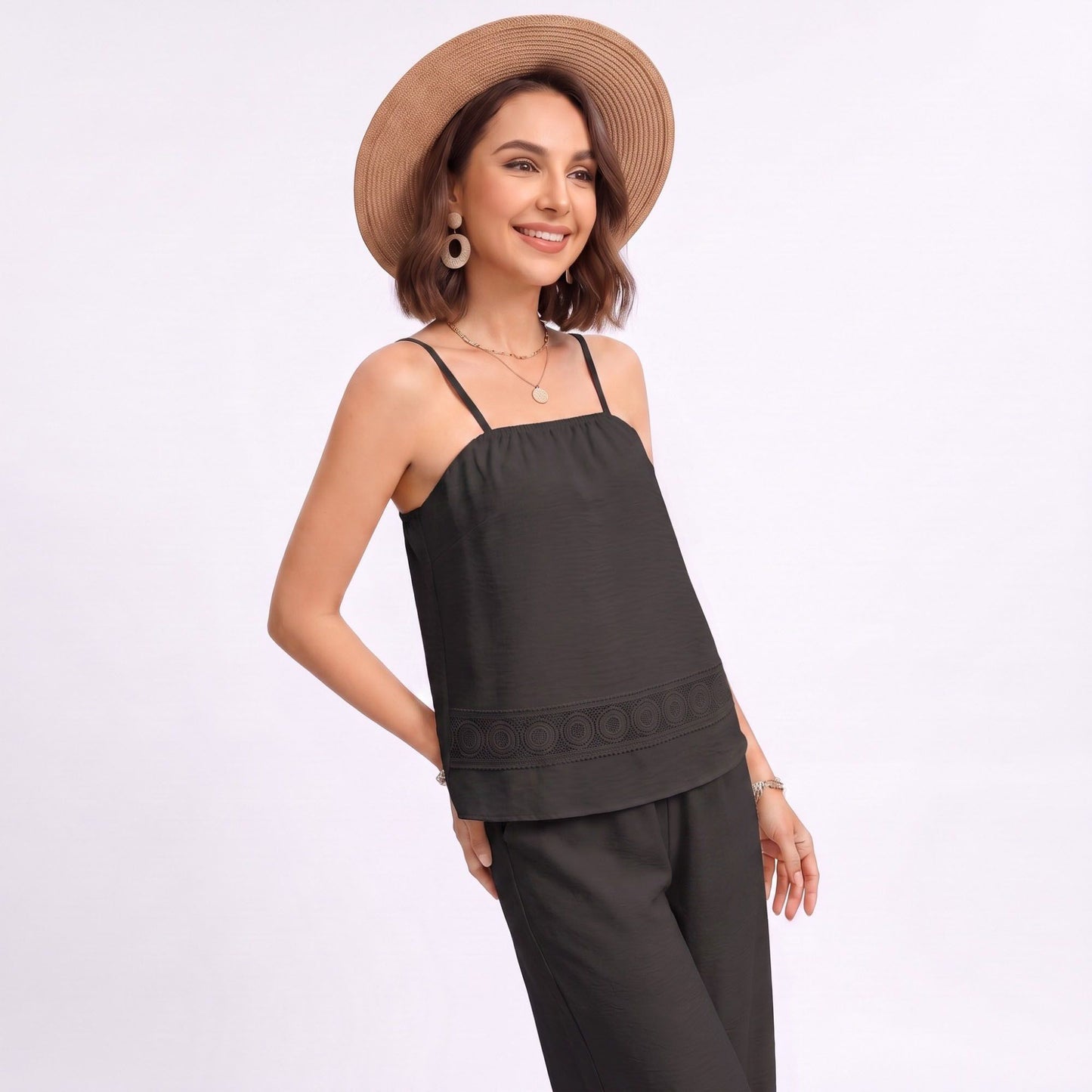 Sleeveless Button Front Jumpsuit with Crochet Lace Back