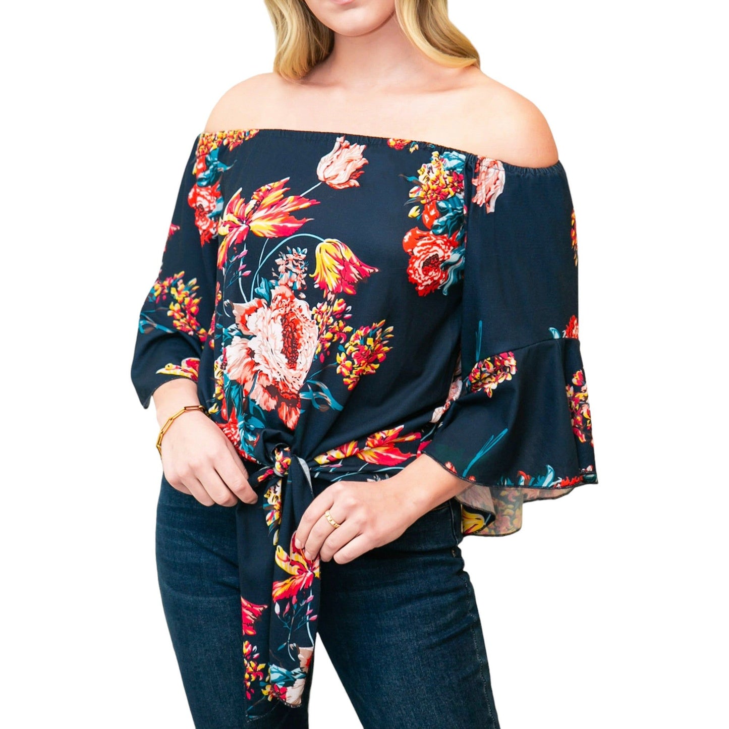 Bell Flared Sleeve Tie-Front Blouse