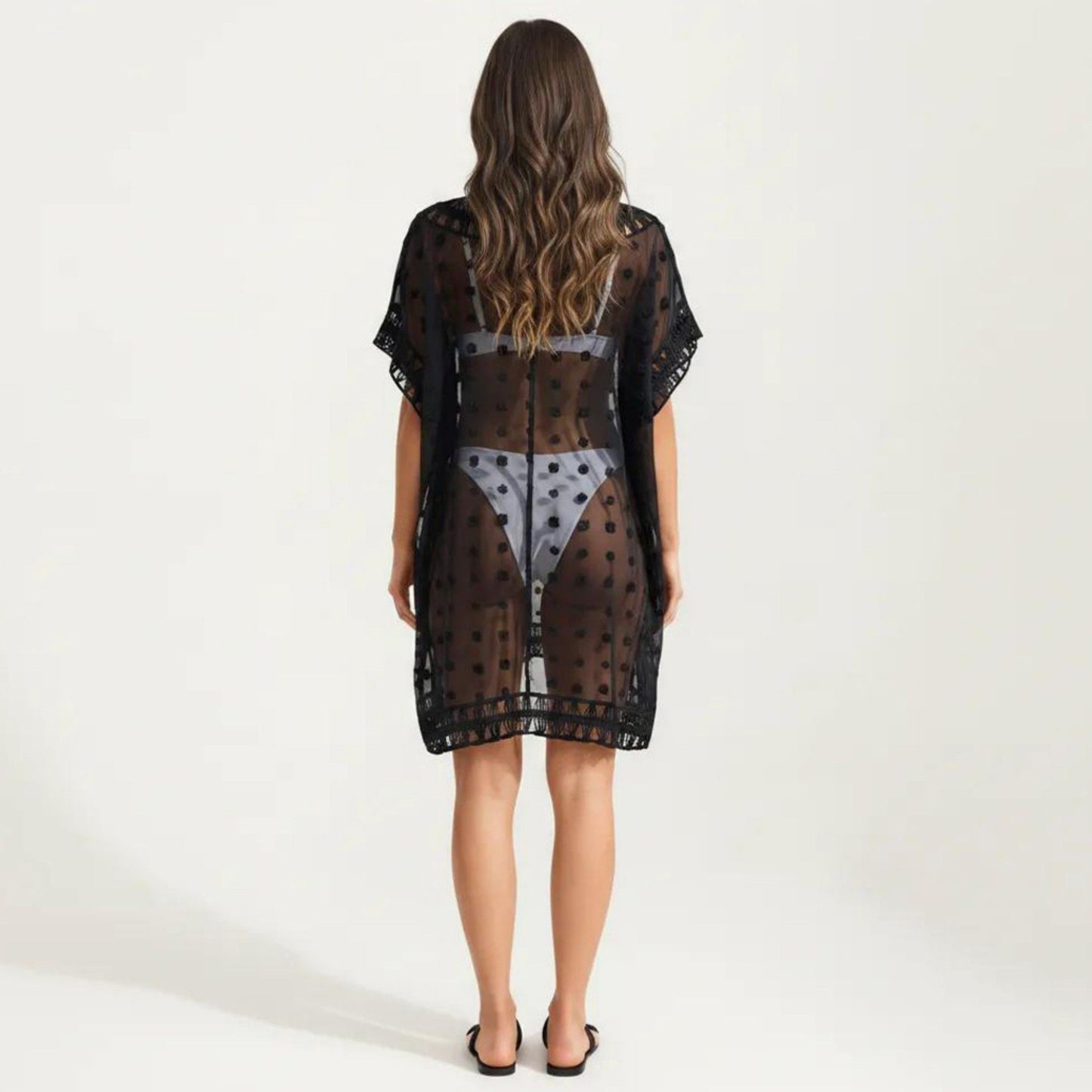 Sheer Crochet Trim Cover Up Dress with Tassel Detail Relaxed Fit and Short Sleeves
