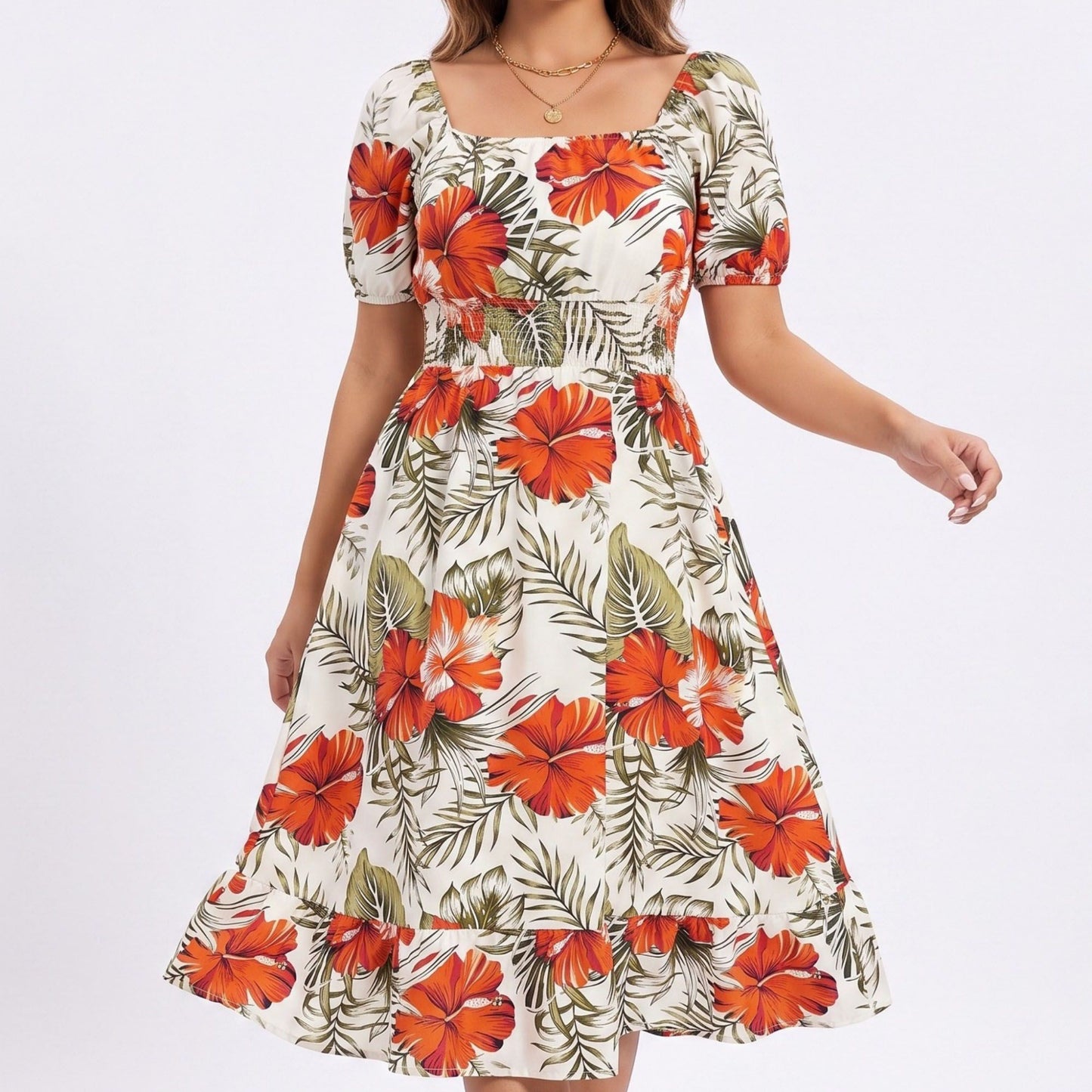 Tropical Floral Square Neck Smocked Waist Midi Dress