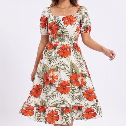 Tropical Floral Square Neck Smocked Waist Midi Dress