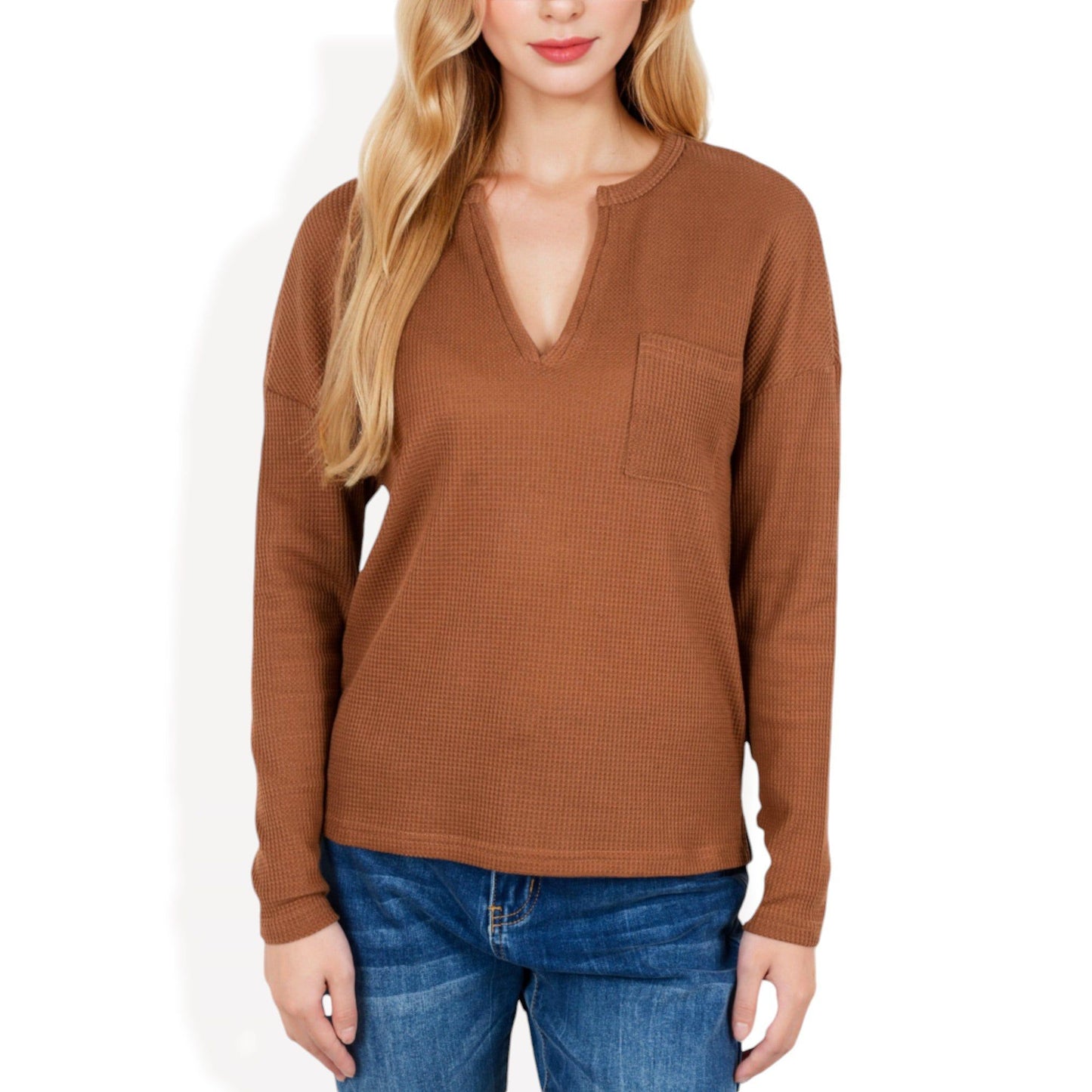 Long Sleeve Waffle Knit Top Notched Neckline Chest Pocket