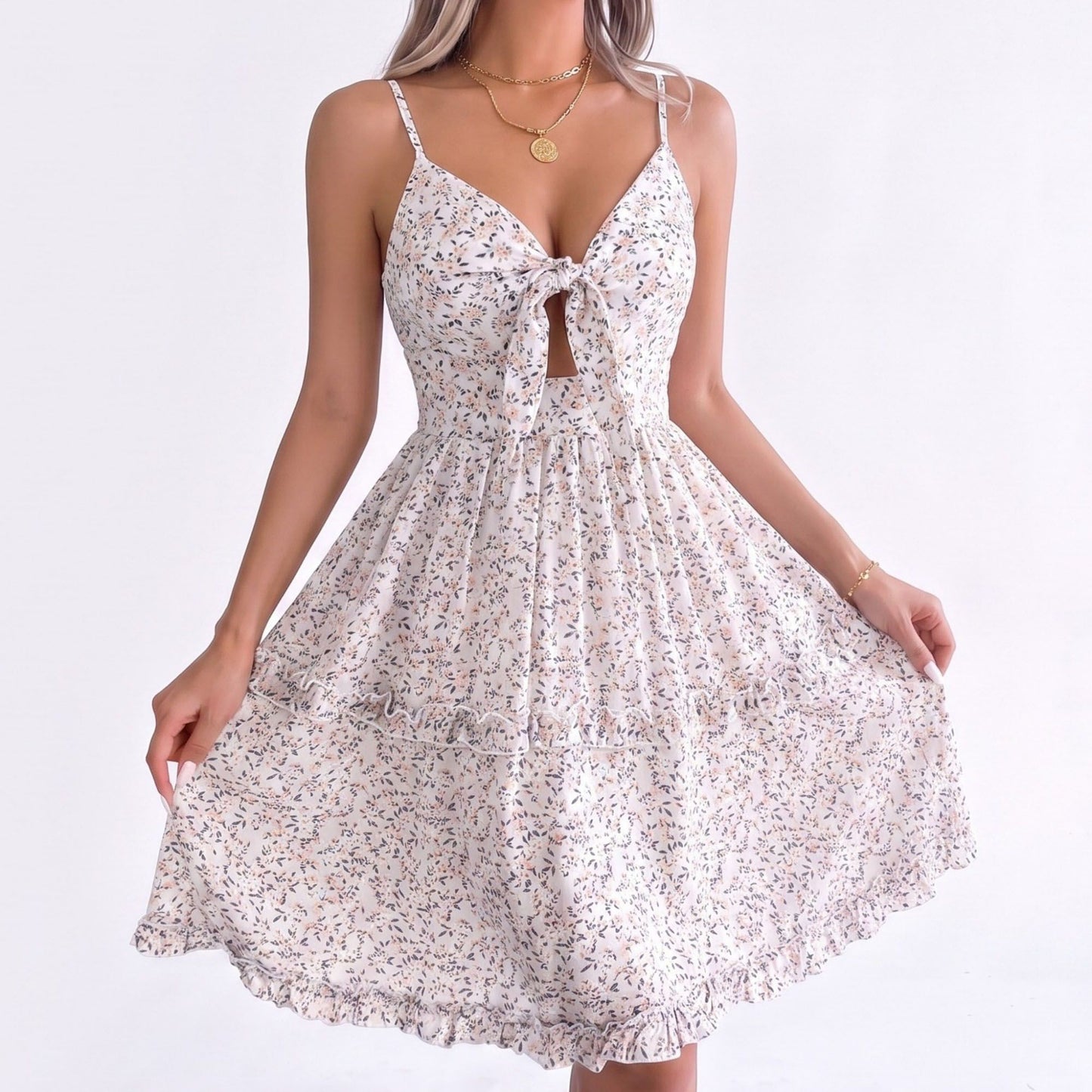 Floral Tie Front Cutout Smocked Ruffle Tiered Dress