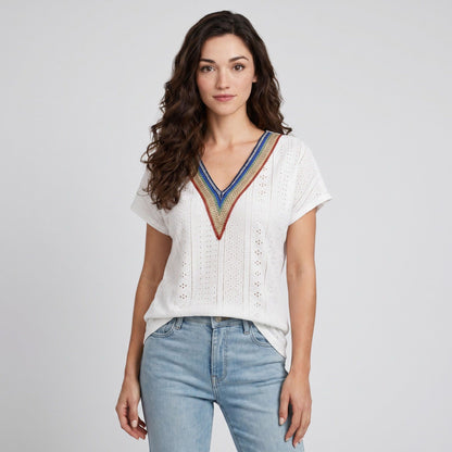 Boho V-Neck Eyelet Blouse Short Sleeve Embroidered Trim Top