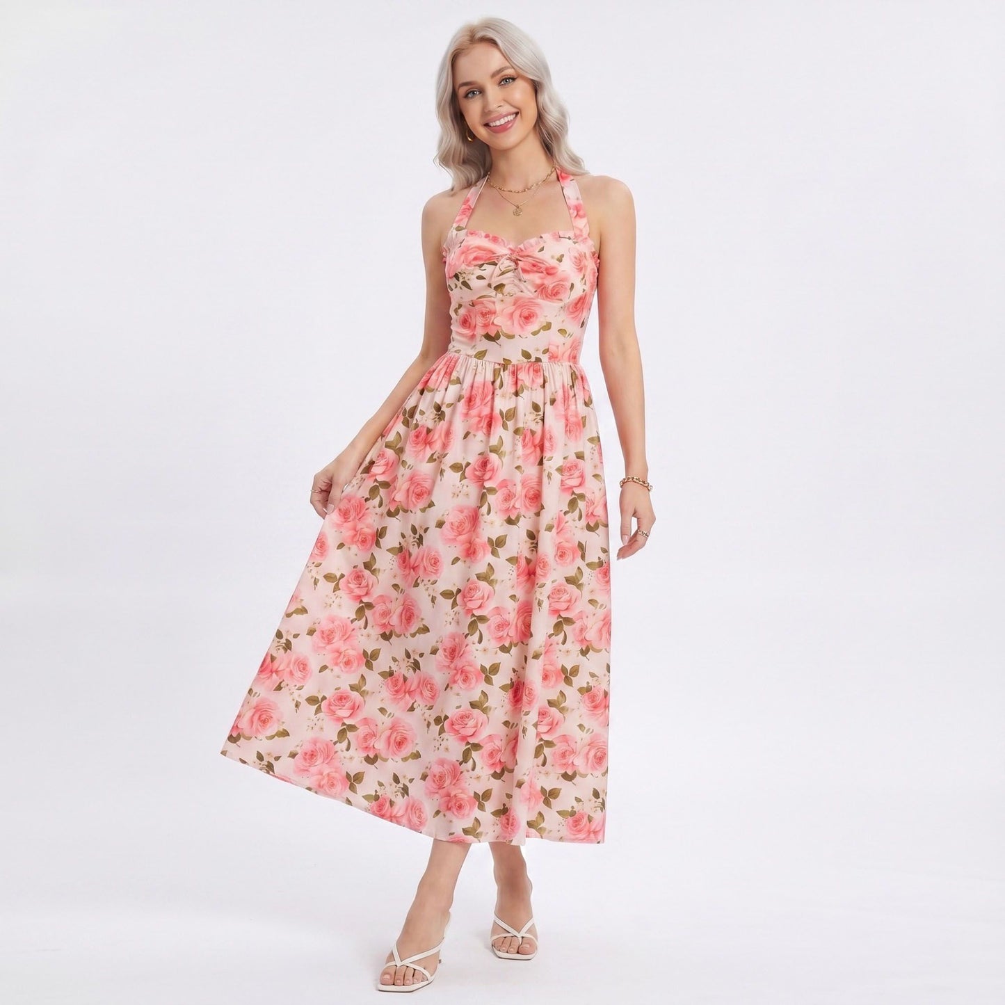 Floral Print Halter Smocked Back Midi Dress