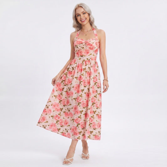 Floral Print Halter Smocked Back Midi Dress
