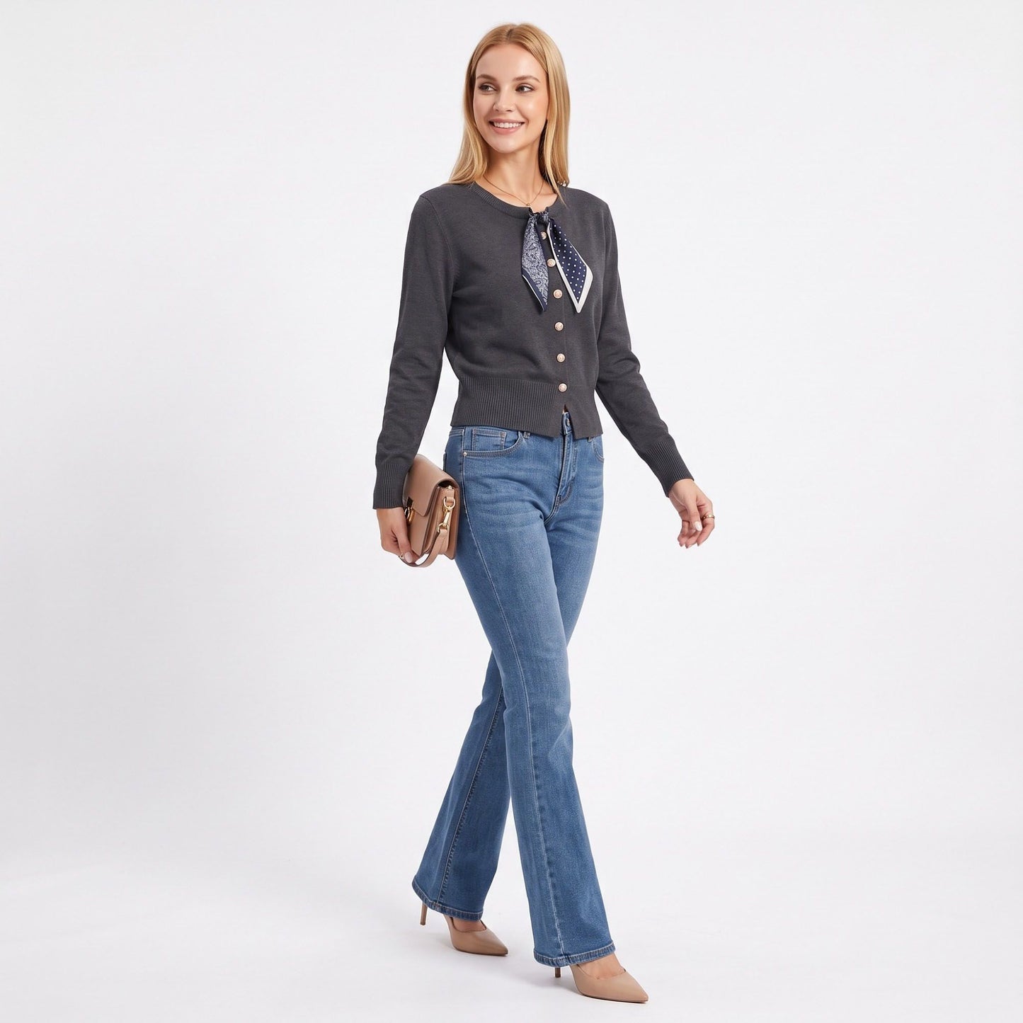 Knit Button-Down Cardigan Sweater with Neck Scarf Detail