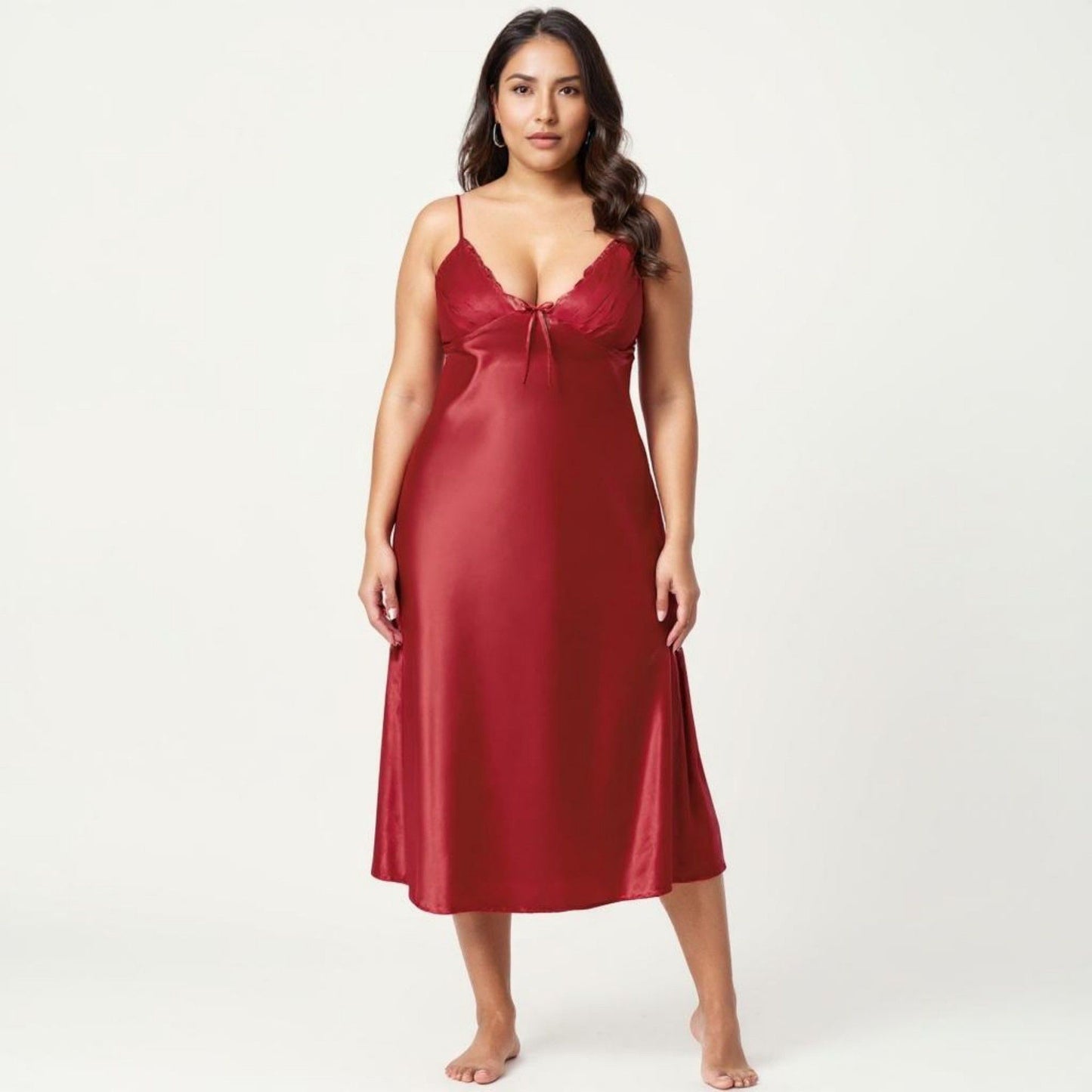 Plus Size Satin Chemise Nightgown with Lace Trim Neckline Adjustable Straps Side Slit Slip Dress