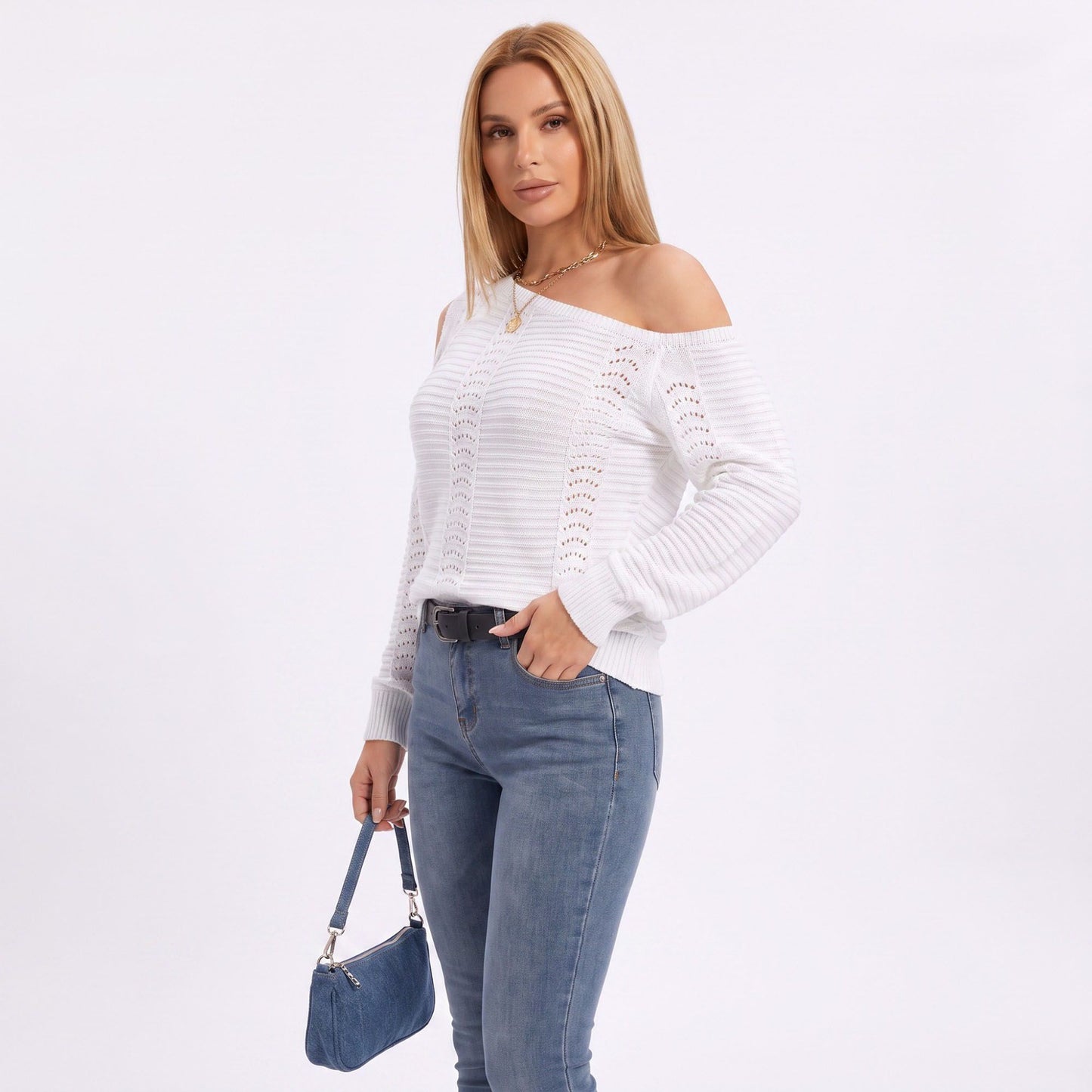 One Shoulder Cold Shoulder Pointelle Knit Long Sleeve Sweater