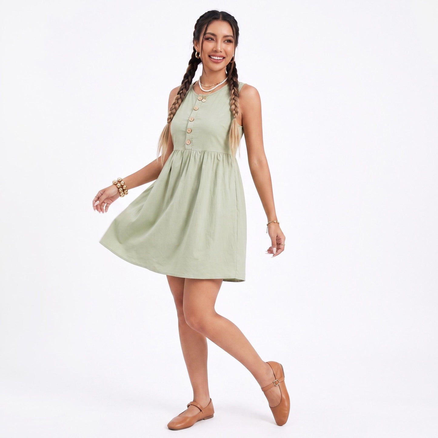 Button Front Mini Dress Sleeveless Babydoll A Line Dress