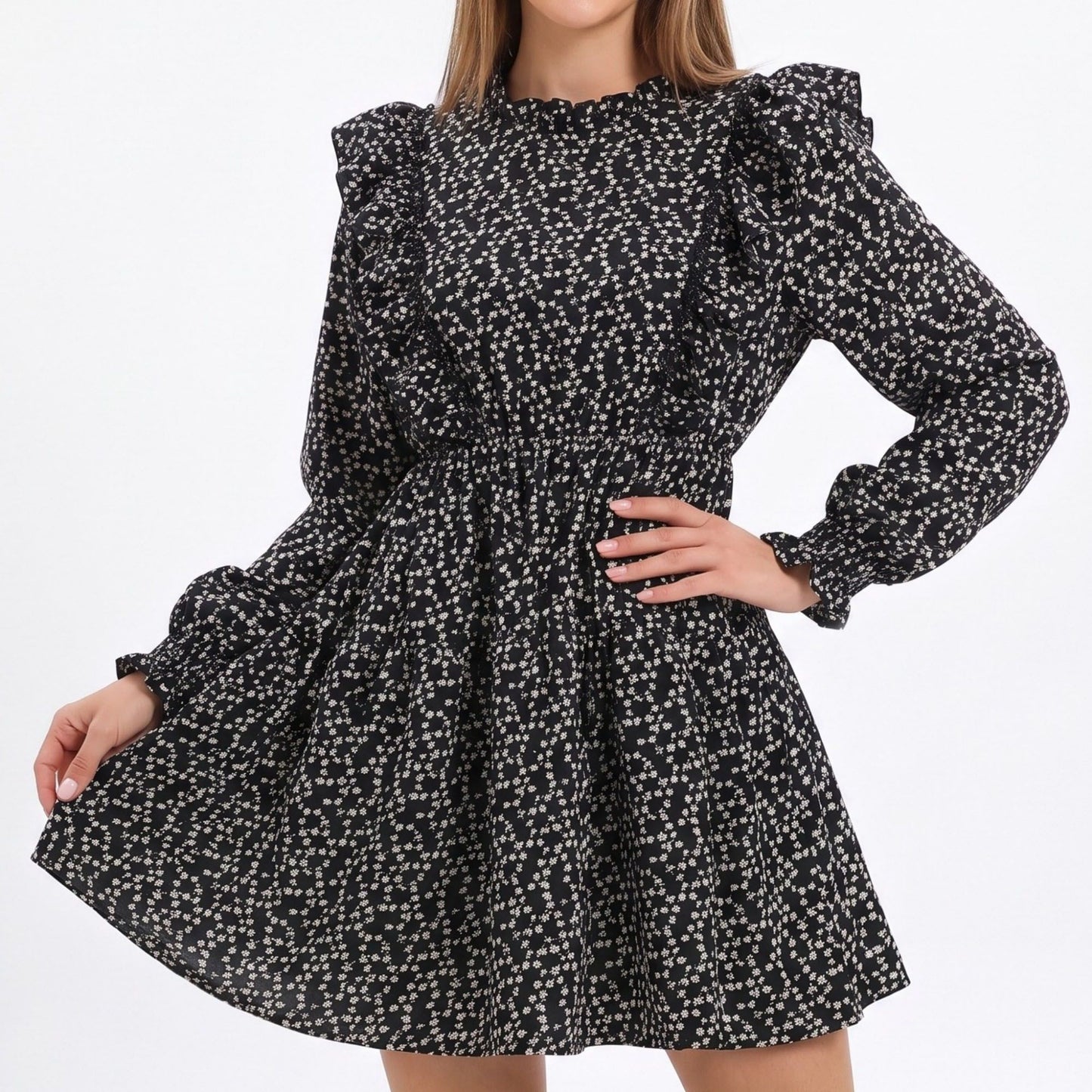 Floral Print Mini Dress Ruffle Neck Long Sleeve Tiered A Line Dress