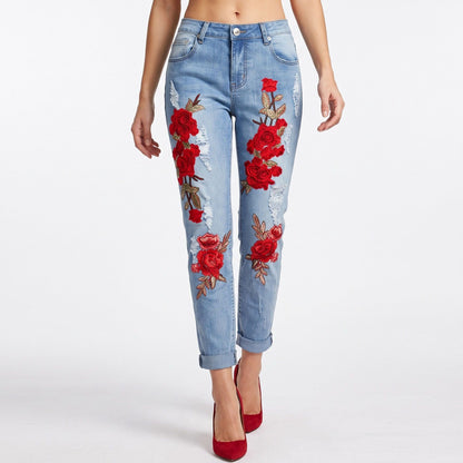 Rose Embroidered Distressed Denim Jeans Rolled Cuff Slim Fit Pants
