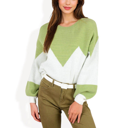 Zigzag Color Block Sweater with Long Sleeves and Crew Neck