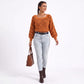 Square Neck Textured Stripe Balloon Sleeve Knit Sweater