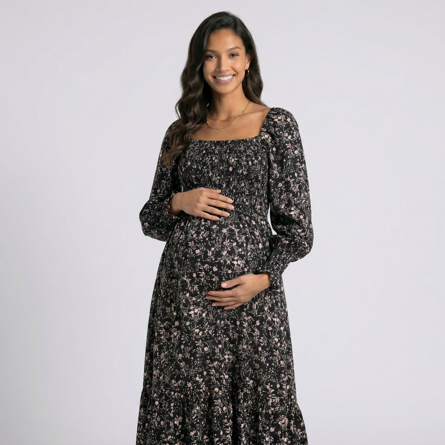 Maternity Floral Square Neck Midi Dress with Long Sleeves and Smocked Bodice