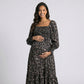 Maternity Floral Square Neck Midi Dress with Long Sleeves and Smocked Bodice
