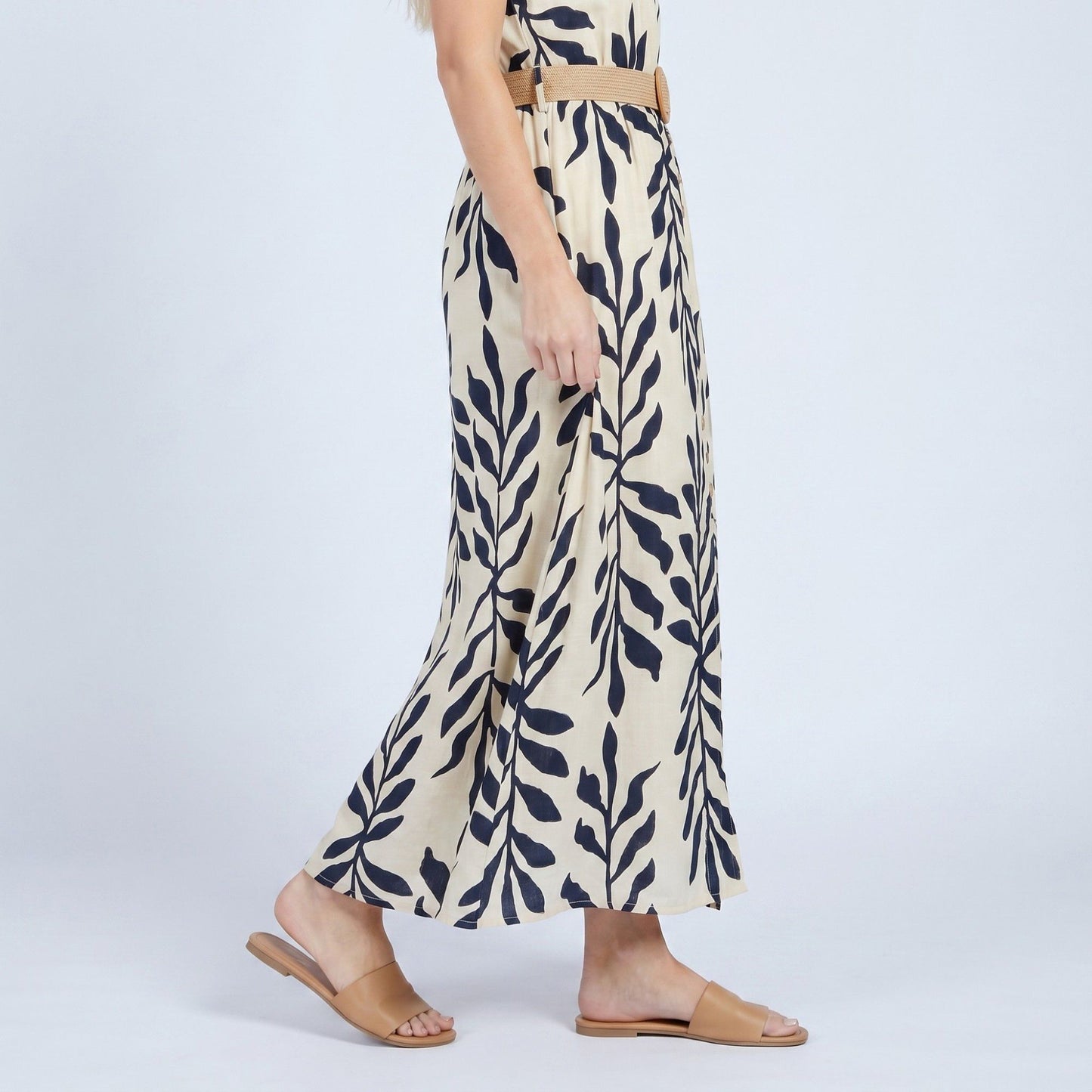 Sleeveless Leaf Print Button Front Belted Maxi Dress