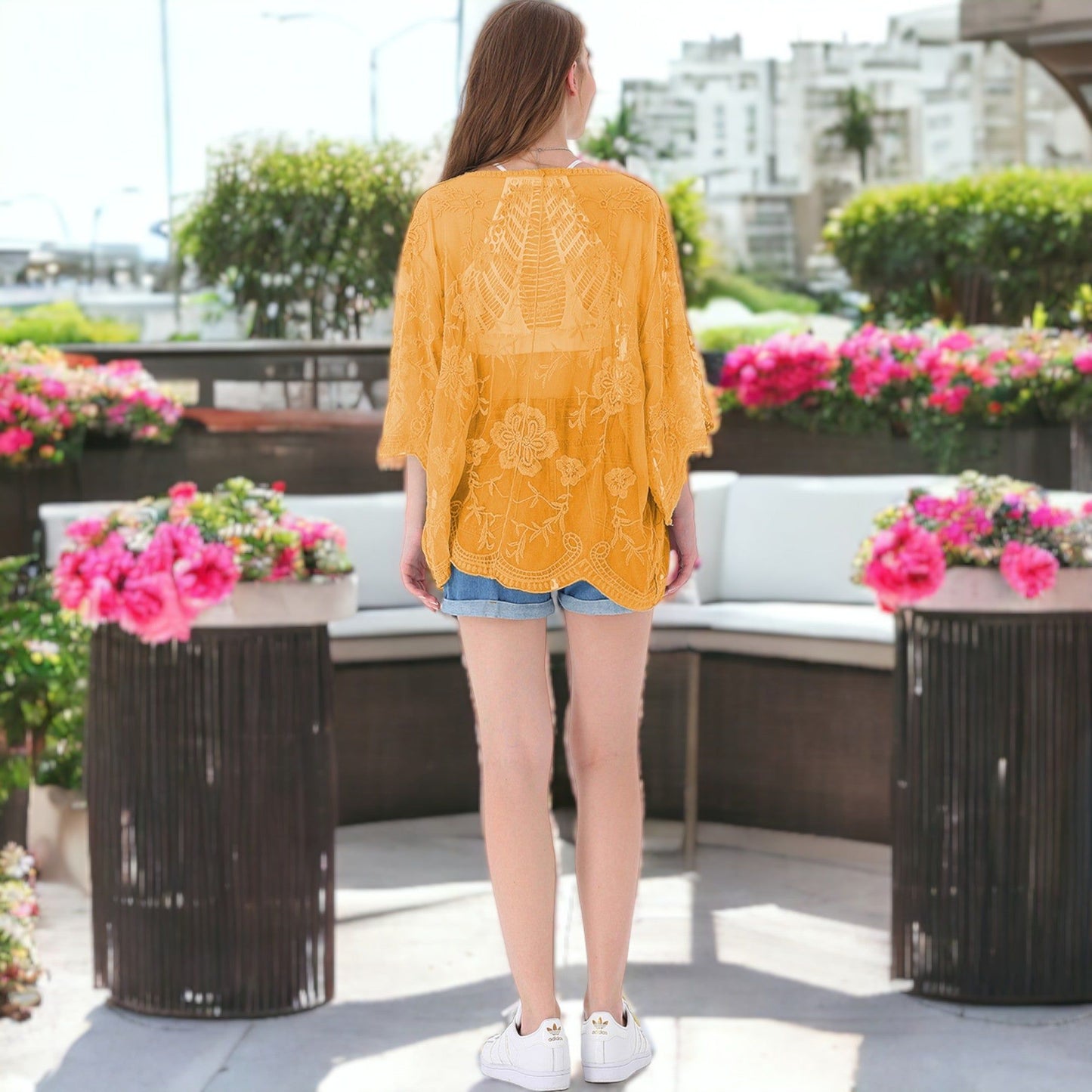 Short Embroidered Lace Duster Crop Cardigan Half Sleeves