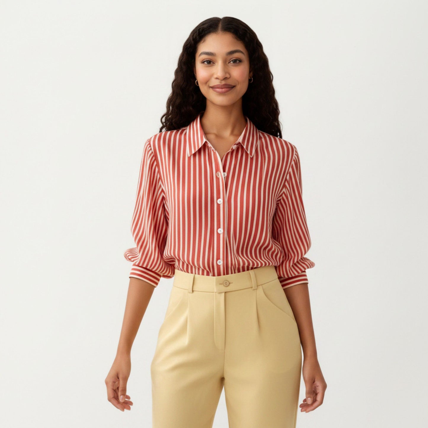 Striped Button Down Blouse with Collared Neckline and Puff Sleeves