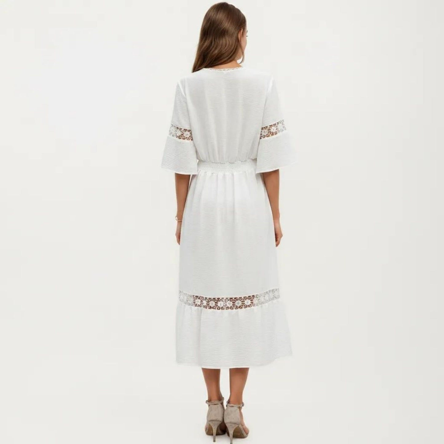 V Neck Midi Dress with Lace Trim Paneling and Short Wide Sleeves Flowing Silhouette