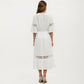 V Neck Midi Dress with Lace Trim Paneling and Short Wide Sleeves Flowing Silhouette