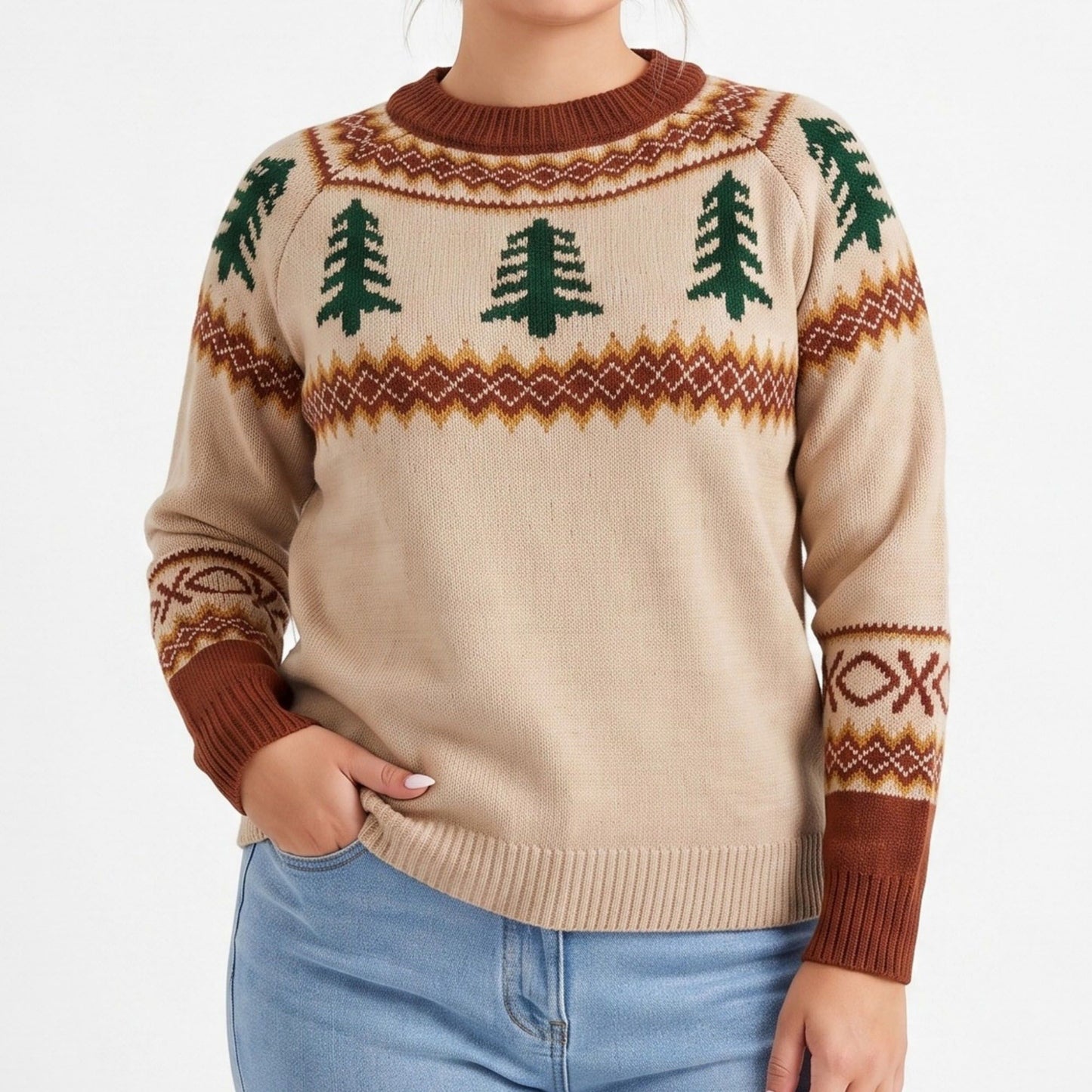 Plus Size Fair Isle Tree Print Crewneck Sweater