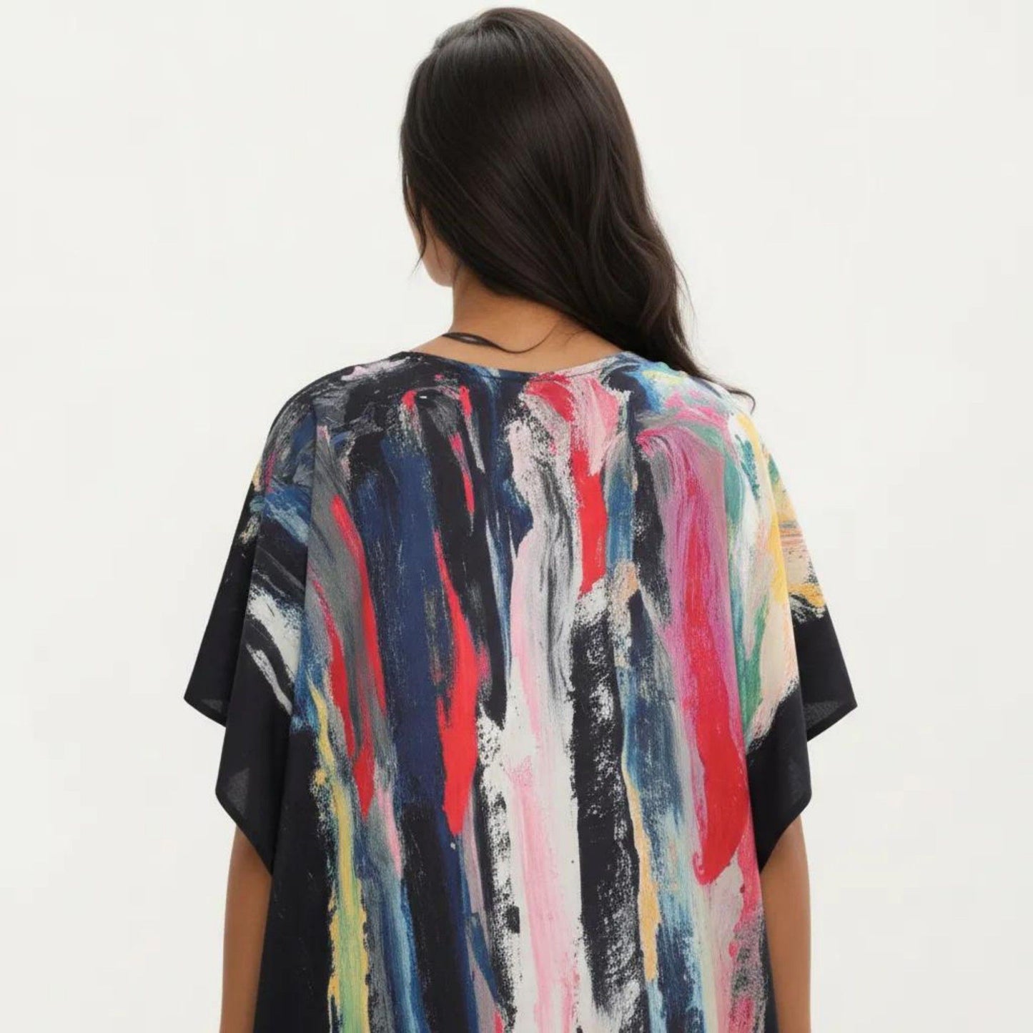 Abstract Print Maxi Caftan Dress with V-Neckline Short Sleeves and Relaxed Draped Silhouette