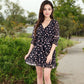 V-Neck Heart Print Wrap Dress with Ruffle Hem and Tie Waist