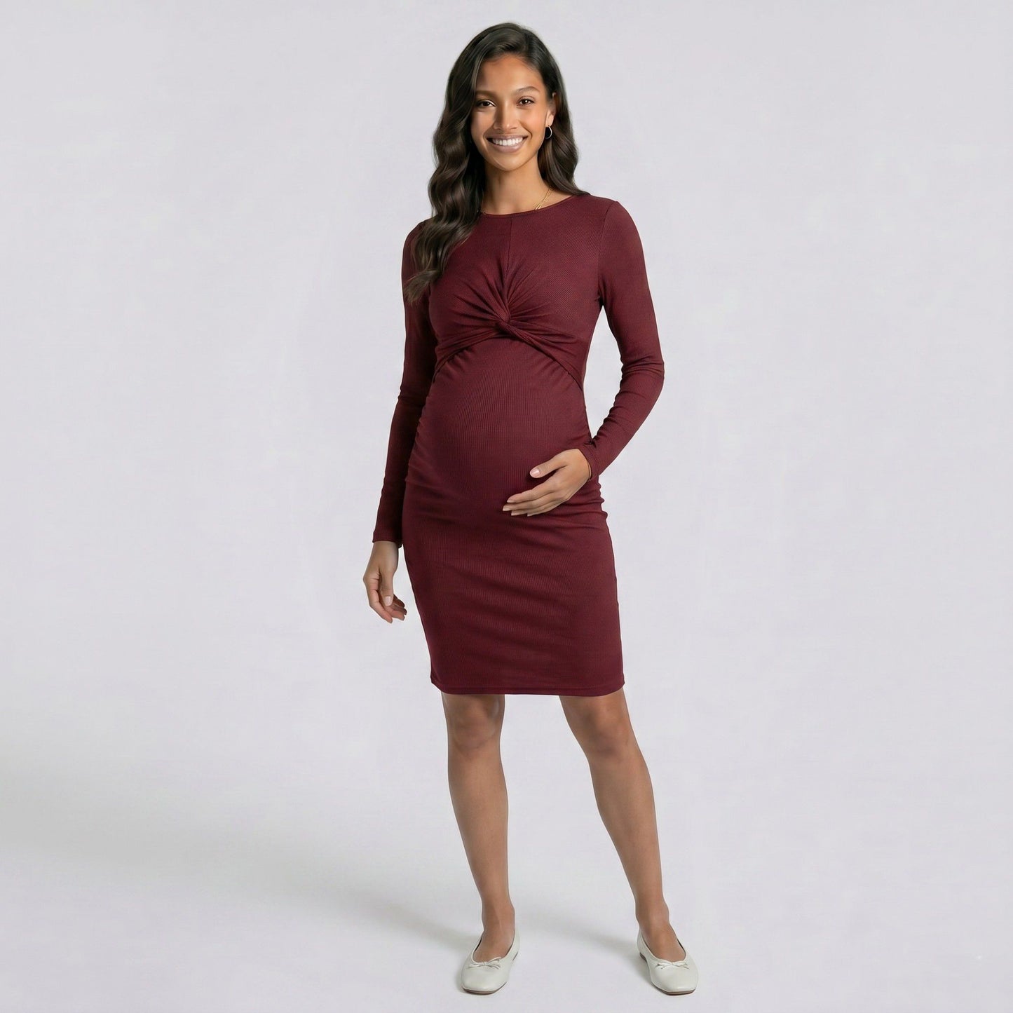 Maternity Ribbed Long Sleeve Bodycon Dress with Front Twist Detail