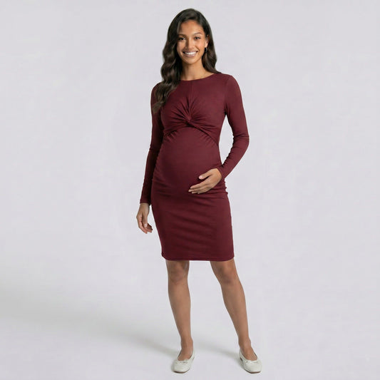 Maternity Ribbed Long Sleeve Bodycon Dress with Front Twist Detail
