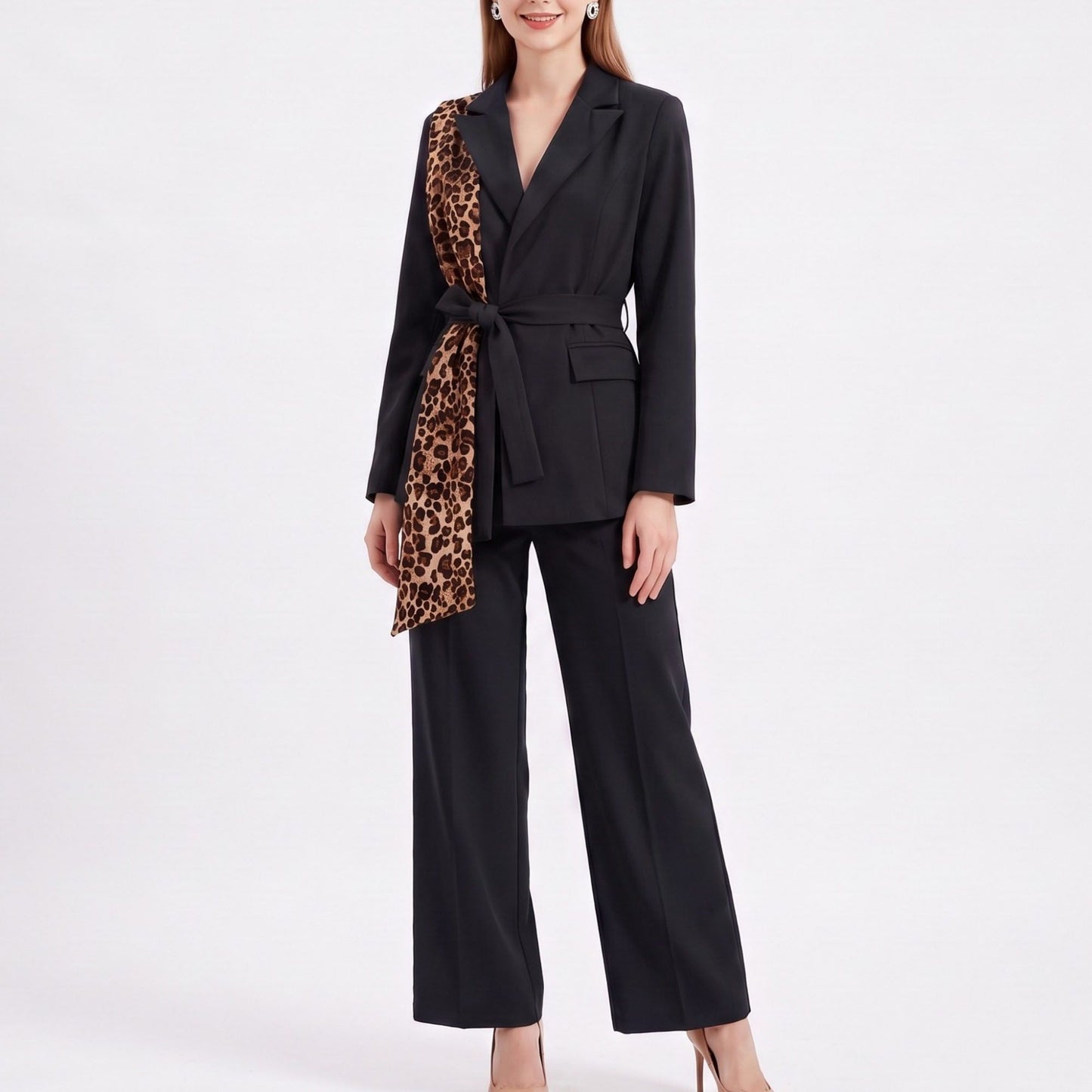 Long Sleeve Blazer and Pants Two Piece Set with Draped Scarf Detail